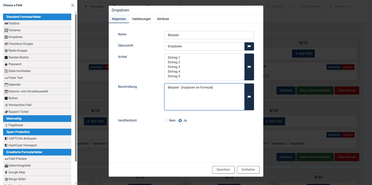 RSForm Pro Auswahlfelder und Dropdown Konfiguration